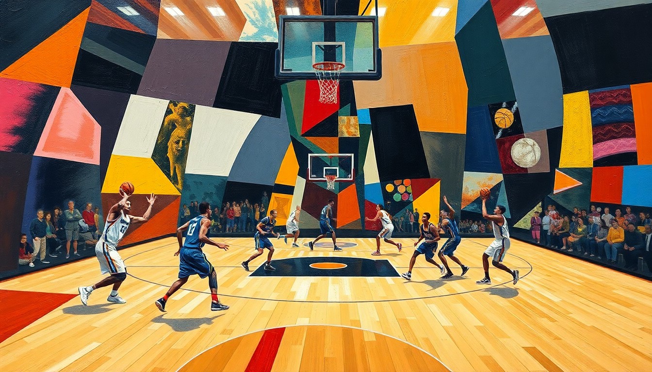 A fragmented, geometric painting depicting a basketball game, with players and the court broken down into abstract shapes and planes of color, conveying the complexity and intensity of the sport.
