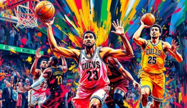 An abstract, expressionist painting in vibrant neon colors depicting the dynamic movement and energy of an NBA basketball game, with players