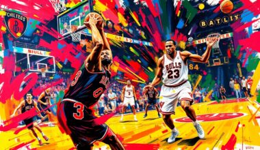 An abstract, energetic painting featuring bold, neon-colored brushstrokes that capture the intensity and movement of a basketball game, conceptually representing the Bulls