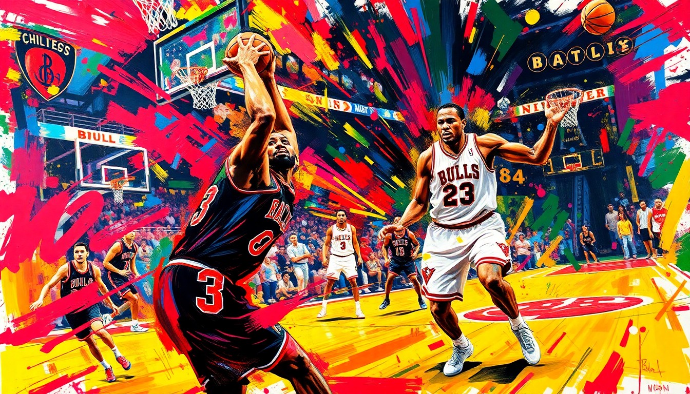 An abstract, energetic painting featuring bold, neon-colored brushstrokes that capture the intensity and movement of a basketball game, conceptually representing the Bulls