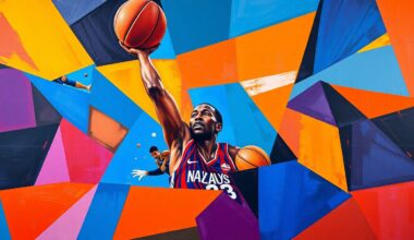 A cubist, geometric painting depicting a basketball game in motion, with the court and players broken down into sharp, overlapping shapes and planes in vibrant colors, capturing the energy and intensity of the sport.