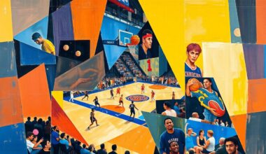 A cubist, geometric painting depicting a Knicks basketball game, with the players and court broken down into sharp, overlapping planes of color and shape, capturing the dynamic energy and strategic complexity of the team