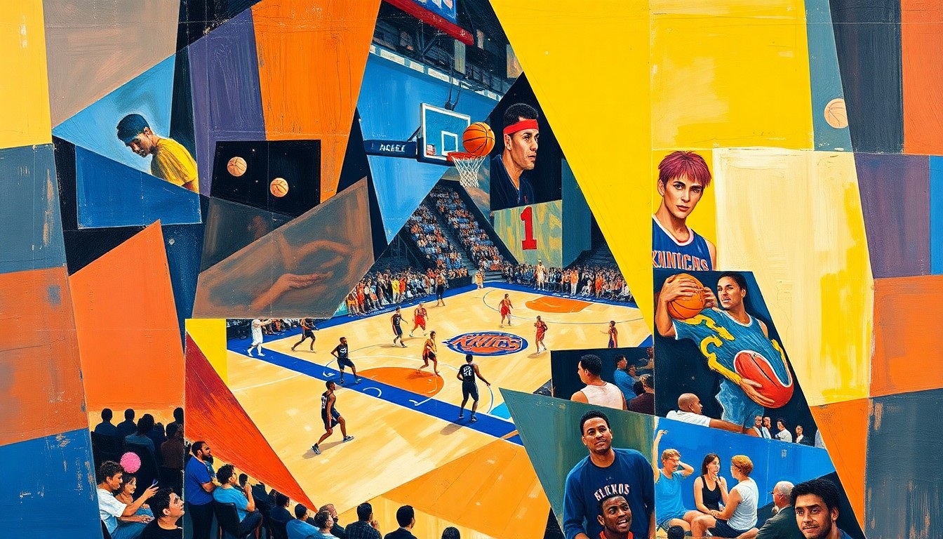 A cubist, geometric painting depicting a Knicks basketball game, with the players and court broken down into sharp, overlapping planes of color and shape, capturing the dynamic energy and strategic complexity of the team