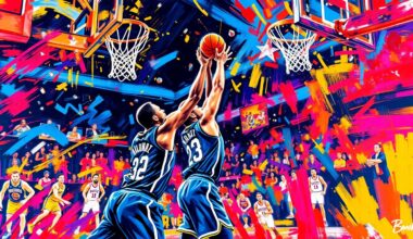 An abstract, energetic painting featuring overlapping brushstrokes of neon orange, electric blue, and vibrant yellow, capturing the frenetic pace and high-scoring action of a professional basketball game.