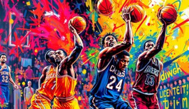 An abstract, expressionist painting in vibrant neon colors, capturing the raw energy and dynamic movements of a basketball game, with players