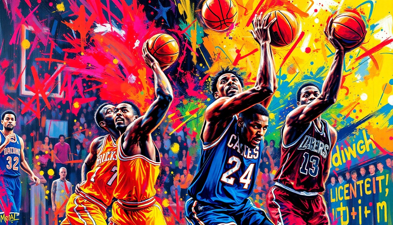 An abstract, expressionist painting in vibrant neon colors, capturing the raw energy and dynamic movements of a basketball game, with players
