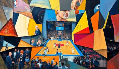 A cubist, geometric painting depicting a basketball game in a fragmented, multi-perspective style, with sharp, overlapping planes of color representing the players and action on the court.