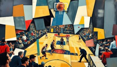 A cubist, geometric painting depicting a basketball game in motion, with sharp, overlapping planes of color and form representing the different aspects of the players