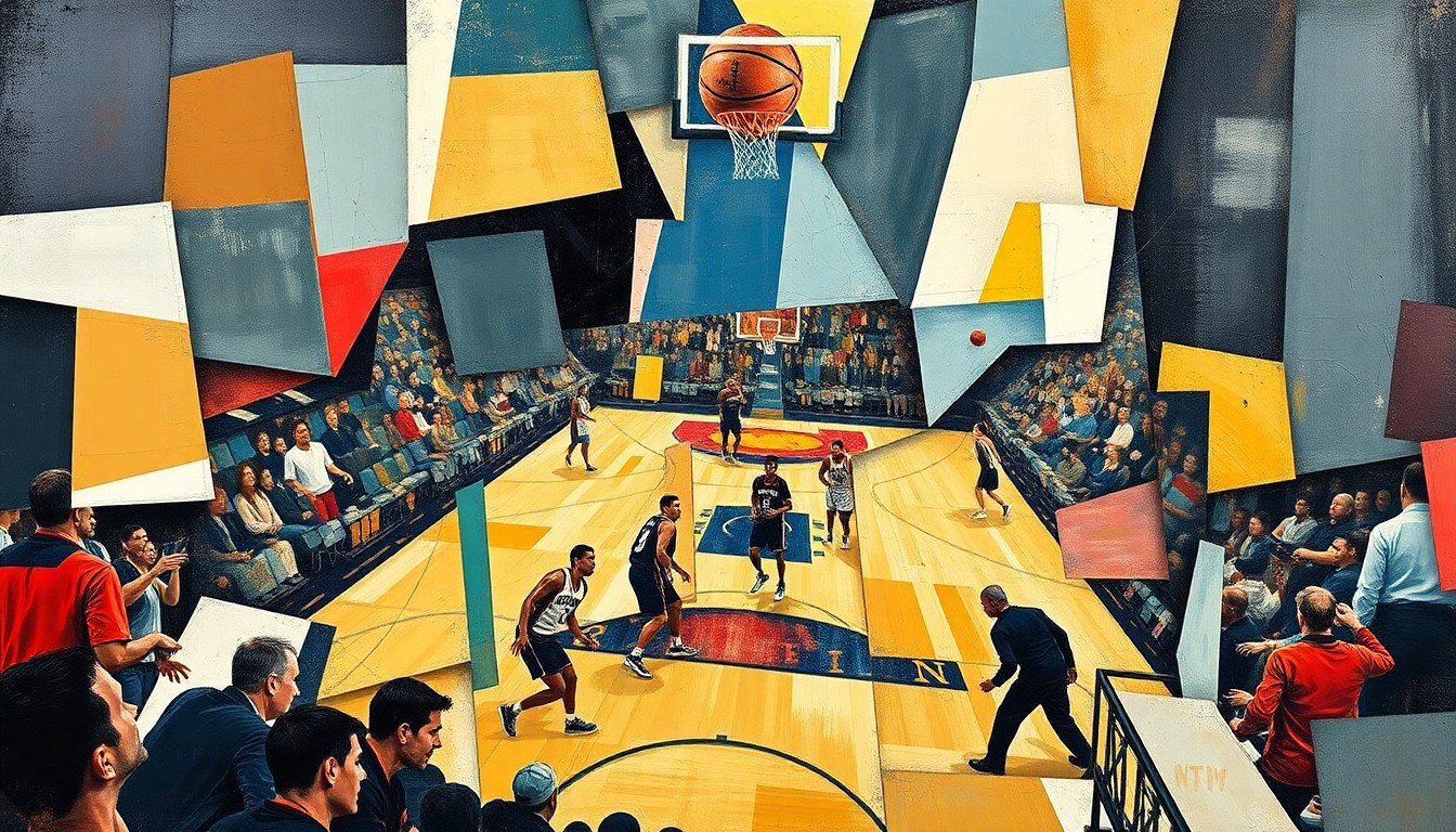 A cubist, geometric painting depicting a basketball game in motion, with sharp, overlapping planes of color and form representing the different aspects of the players