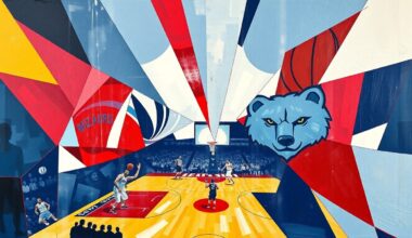 A fractured, multi-perspective painting in vibrant shades of red, white, blue, navy, light blue, and gold, breaking down a basketball game between two teams into sharp, overlapping geometric planes, capturing the intensity and energy of the matchup.