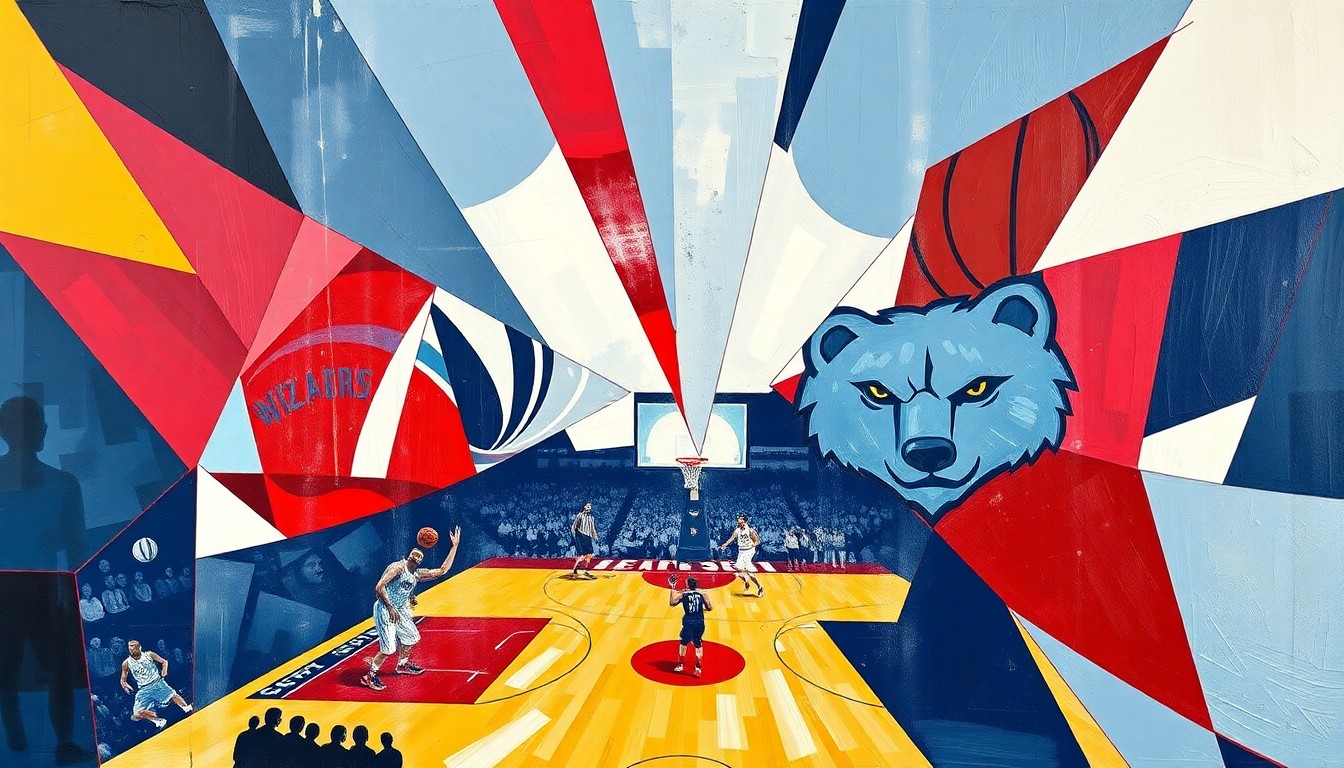 A fractured, multi-perspective painting in vibrant shades of red, white, blue, navy, light blue, and gold, breaking down a basketball game between two teams into sharp, overlapping geometric planes, capturing the intensity and energy of the matchup.