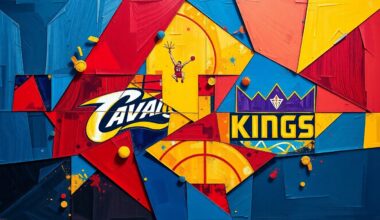 A cubist, geometric painting depicting an NBA basketball game, with overlapping planes of color and form representing the dynamic action on the court.