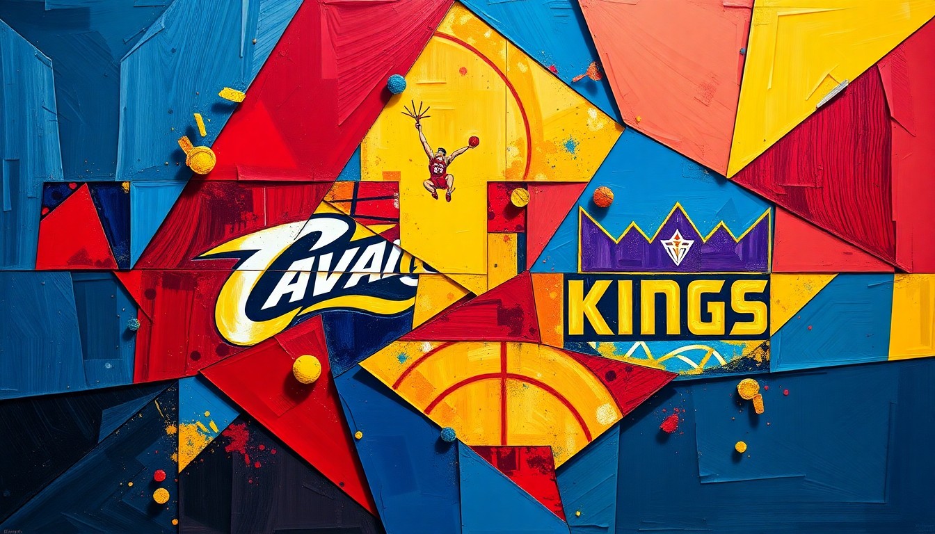 A cubist, geometric painting depicting an NBA basketball game, with overlapping planes of color and form representing the dynamic action on the court.