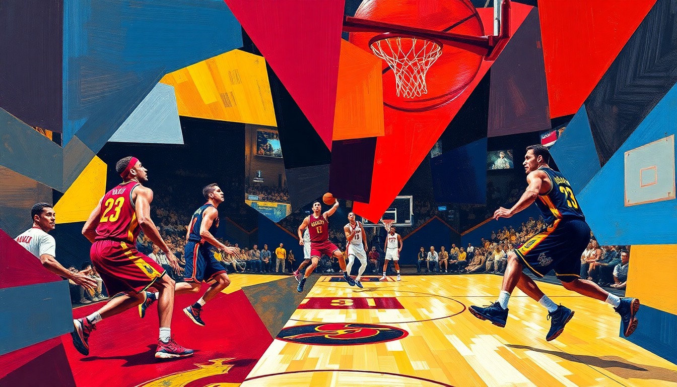 A fractured, geometric painting with overlapping planes of red, gold, navy, and yellow, representing the dynamic action of a basketball game between the Cleveland Cavaliers and Atlanta Hawks.