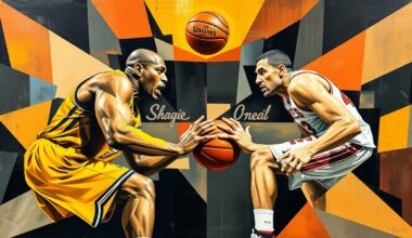 A cubist, geometric painting depicting the clash between two basketball players, with sharp, overlapping shapes and planes representing the dynamic tension between their contrasting playing styles.