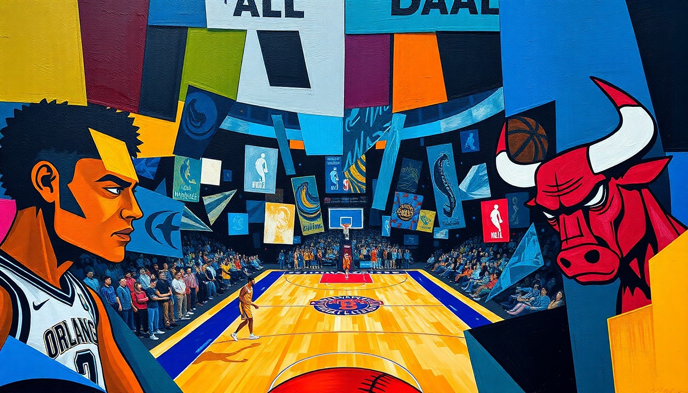 A cubist, geometric painting depicting a basketball game in progress, with the court, players, and ball broken down into sharp, overlapping planes of vibrant colors, creating a dynamic and abstract visual representation of the game
