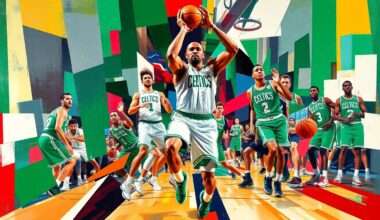 A cubist, geometric painting depicting the fragmented movements and energy of a basketball player on a basketball court, with the Celtics