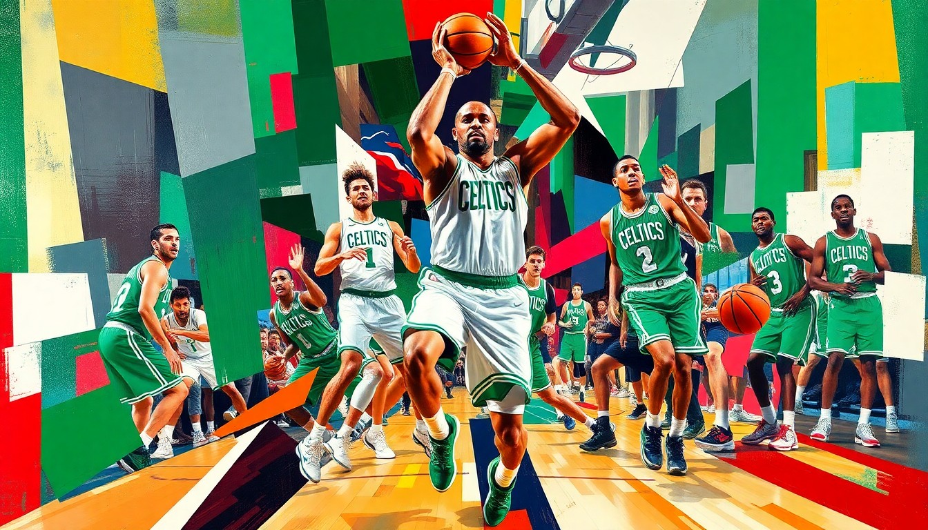 A cubist, geometric painting depicting the fragmented movements and energy of a basketball player on a basketball court, with the Celtics