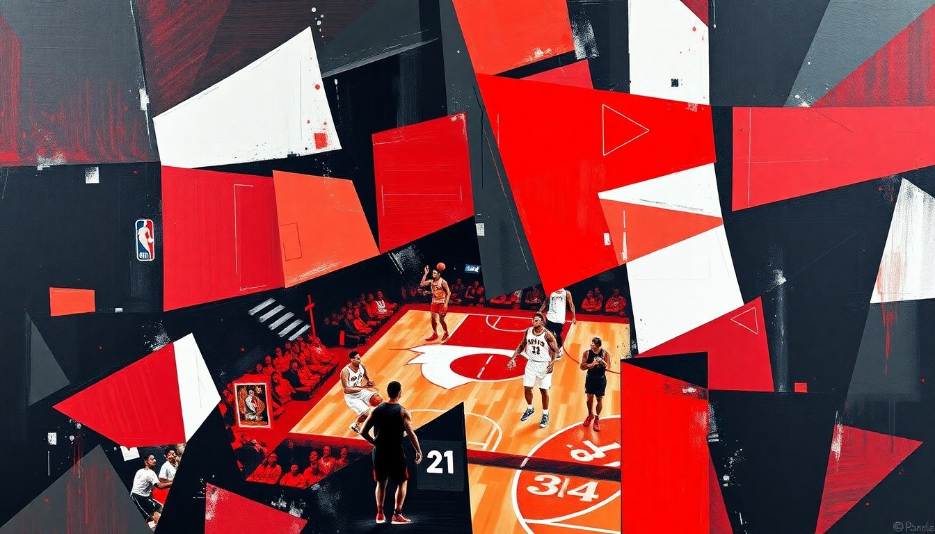 A fractured, cubist-style painting depicting a basketball game or match, with the players and court broken down into sharp, overlapping geometric planes in the Raptors