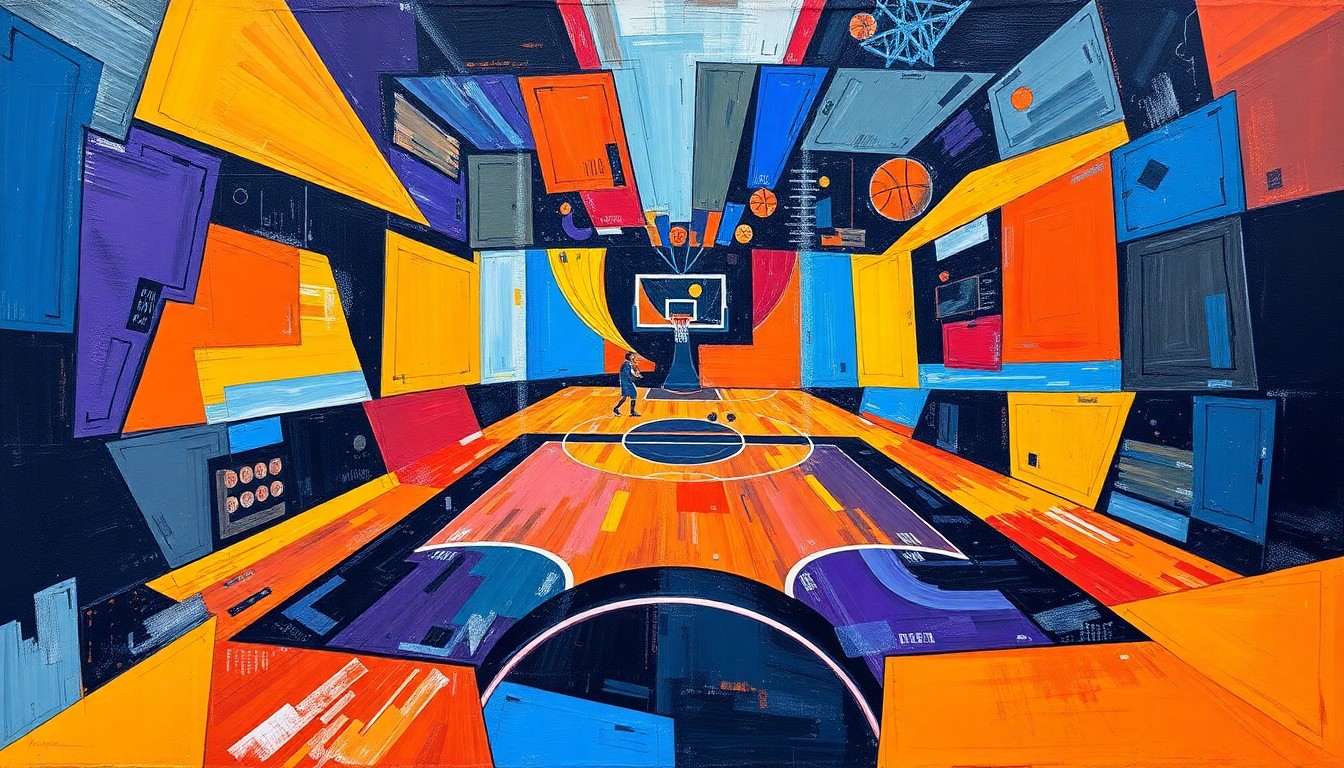 A fractured, multi-perspective painting in bold, vibrant colors, breaking down a basketball game into sharp, overlapping geometric planes, conceptually representing the controversy surrounding the Washington Wizards