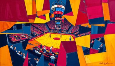 A fragmented, cubist-style painting depicting a basketball game in motion, with the players and court broken down into sharp, geometric shapes in the Cavaliers