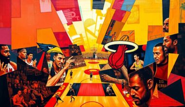 A cubist, geometric painting depicting a basketball game between the Atlanta Hawks and Miami Heat, with sharp, overlapping planes of vibrant red, gold, and yellow colors creating a dynamic, energetic composition.