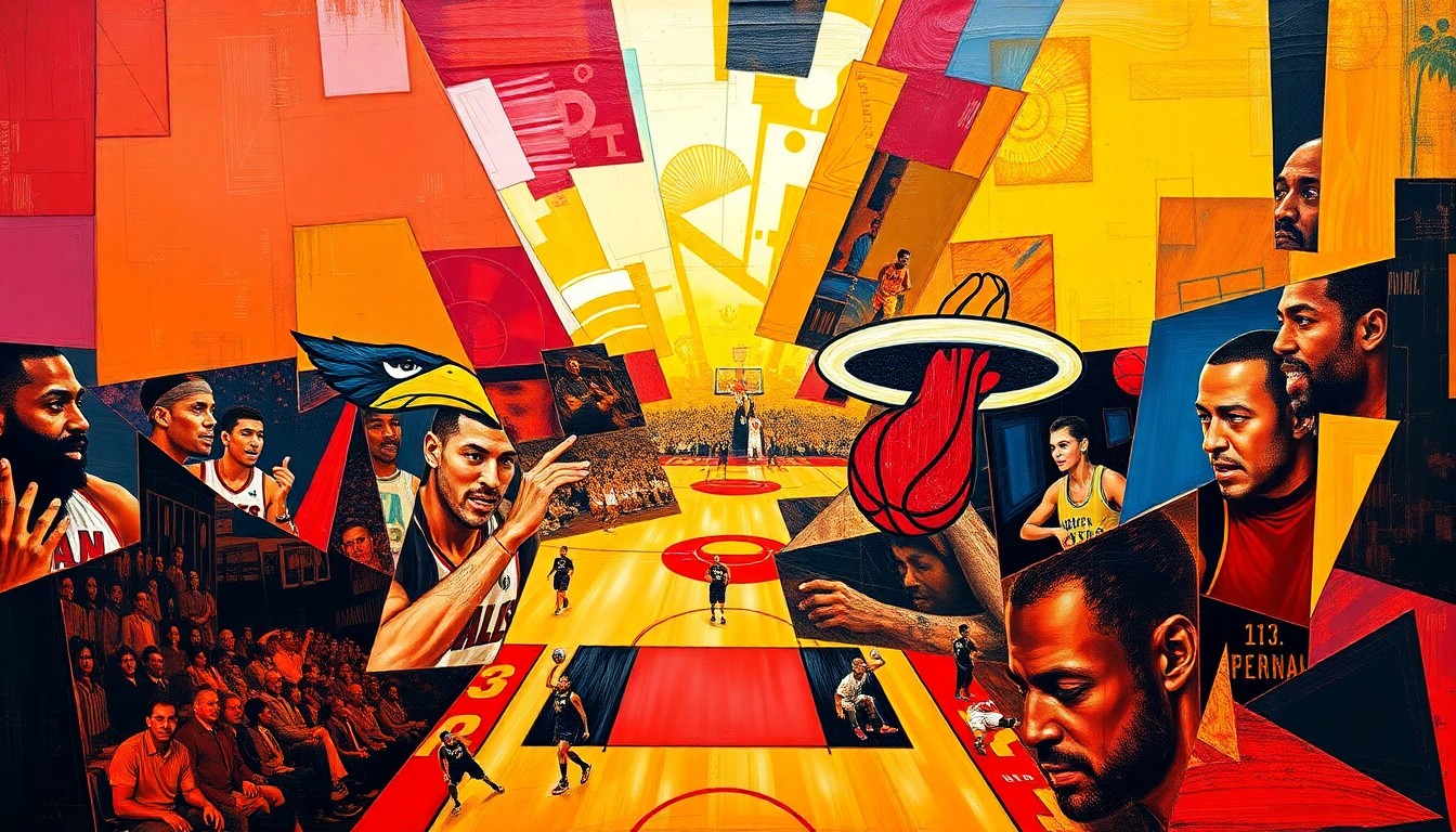 A cubist, geometric painting depicting a basketball game between the Atlanta Hawks and Miami Heat, with sharp, overlapping planes of vibrant red, gold, and yellow colors creating a dynamic, energetic composition.