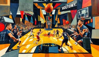A fractured, multi-perspective painting in the style of Pablo Picasso, breaking down a basketball game between the Houston Rockets and Phoenix Suns into sharp, overlapping geometric planes, capturing the energy and movement of the players.