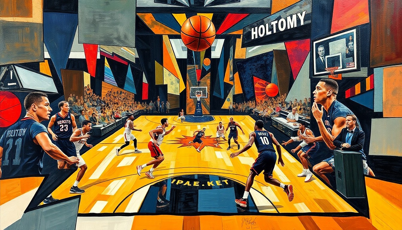 A fractured, multi-perspective painting in the style of Pablo Picasso, breaking down a basketball game between the Houston Rockets and Phoenix Suns into sharp, overlapping geometric planes, capturing the energy and movement of the players.