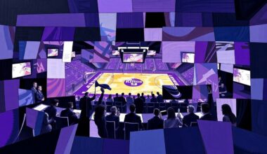 A cubist, geometric painting depicting a fragmented basketball game or broadcast booth, with overlapping shapes and planes in the official colors of the Sacramento Kings.