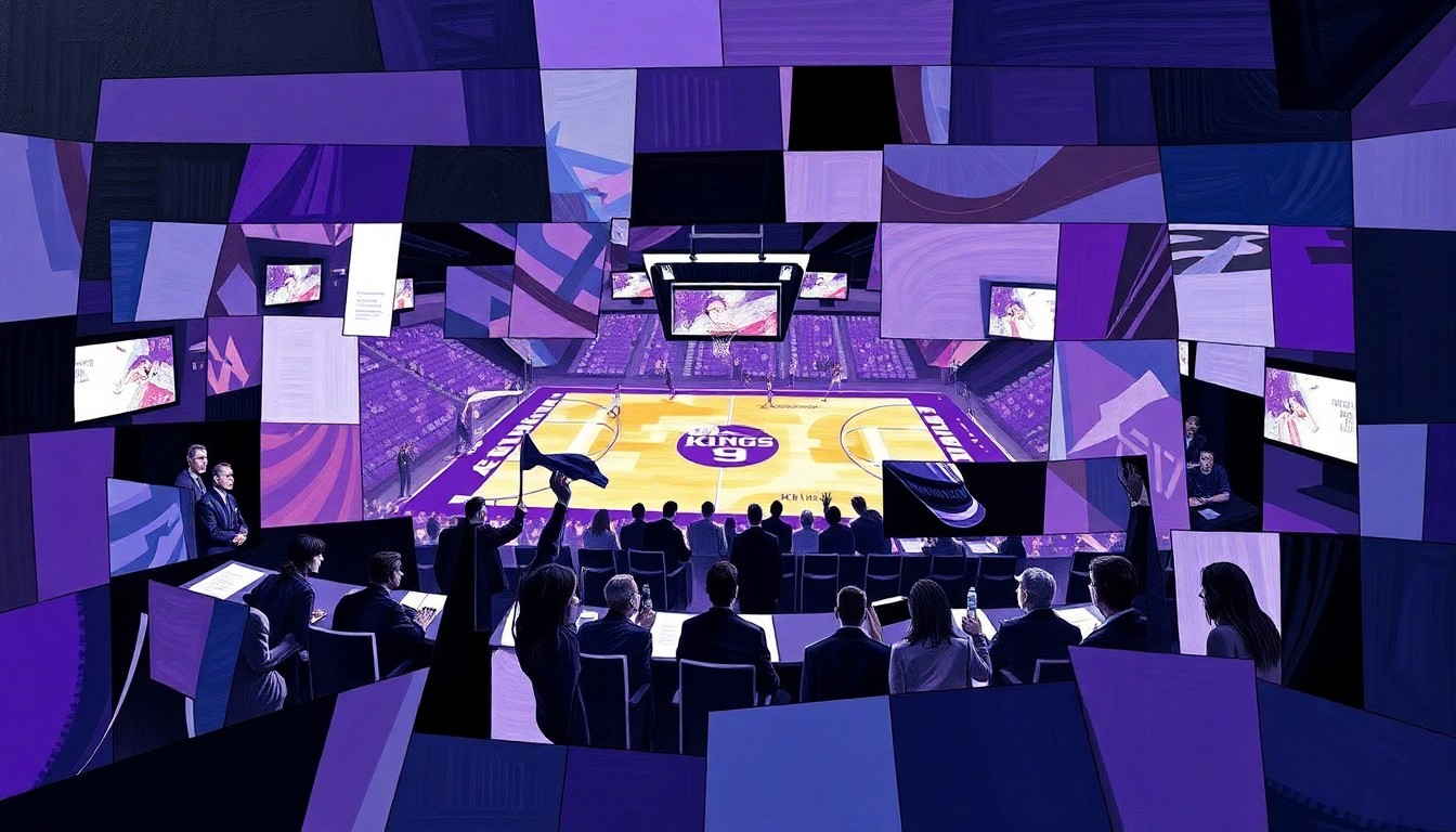 A cubist, geometric painting depicting a fragmented basketball game or broadcast booth, with overlapping shapes and planes in the official colors of the Sacramento Kings.
