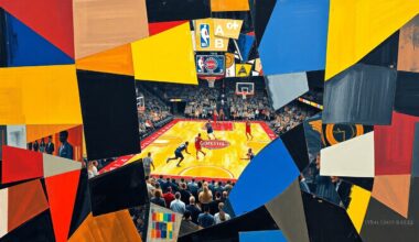 A fractured, geometric painting depicting a basketball game, with sharp overlapping planes of color and form representing the dynamic action on the court.