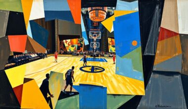 A cubist, geometric painting depicting a basketball game or playoff competition, with overlapping shapes and planes representing the dynamic action on the court.