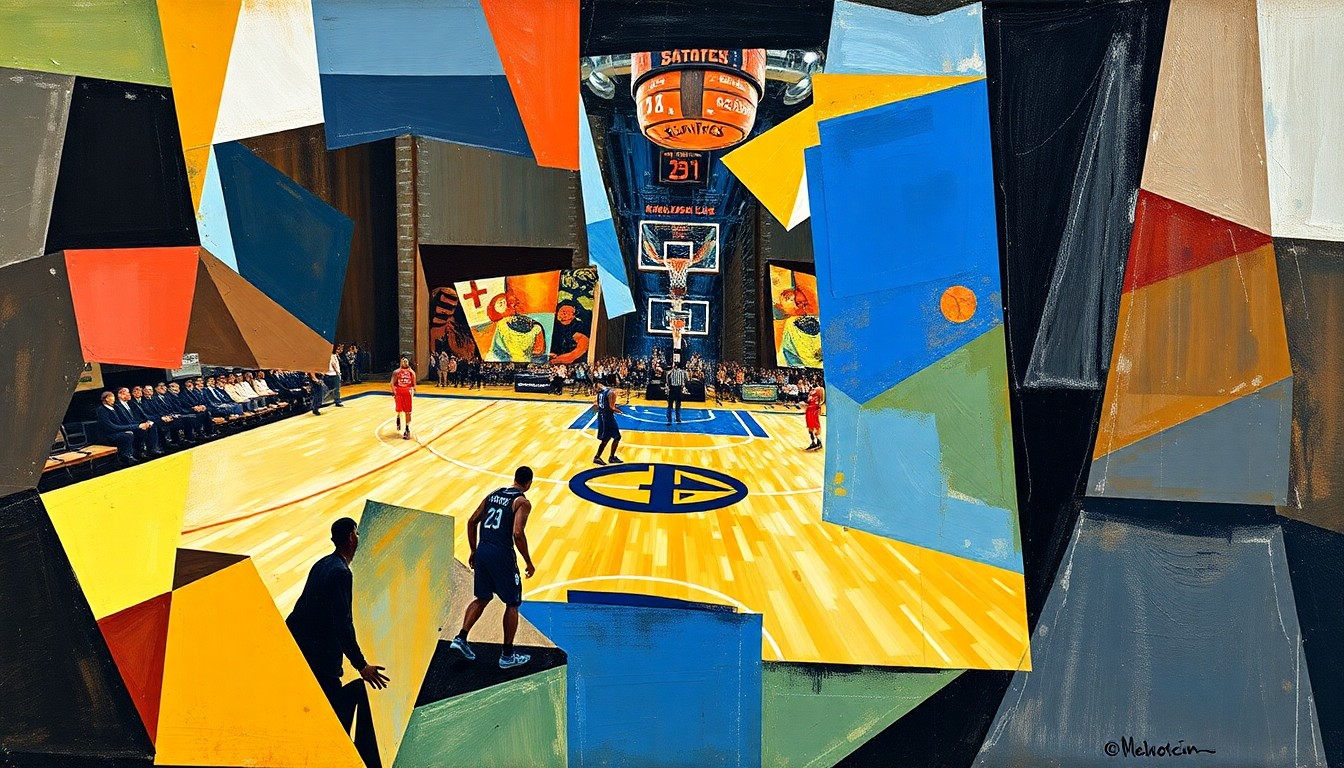 A cubist, geometric painting depicting a basketball game or playoff competition, with overlapping shapes and planes representing the dynamic action on the court.