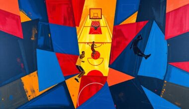 A fragmented, geometric painting featuring sharp planes of navy, crimson, and gold, conceptually representing the competitive spirit and dynamic movement of a professional basketball game.