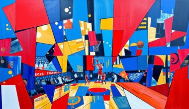 A cubist, geometric painting featuring overlapping planes of royal blue, crimson red, and metallic gold, conceptually representing the dynamic energy and strategic depth of the Detroit Pistons