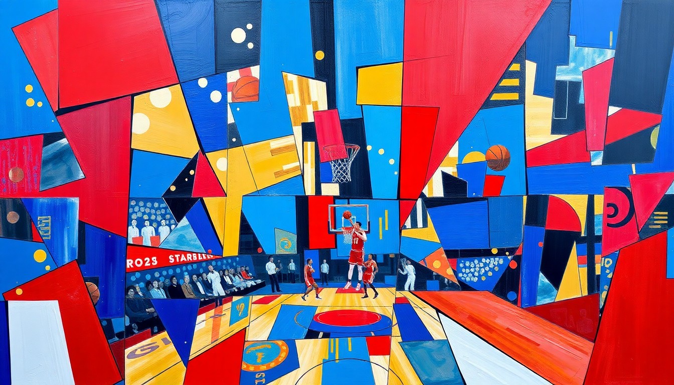 A cubist, geometric painting featuring overlapping planes of royal blue, crimson red, and metallic gold, conceptually representing the dynamic energy and strategic depth of the Detroit Pistons