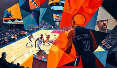 A fractured, geometric painting depicting an abstracted basketball game between the Oklahoma City Thunder and Phoenix Suns, with the players