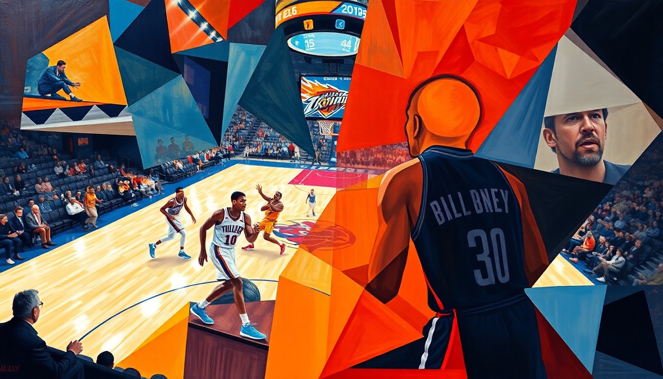 A fractured, geometric painting depicting an abstracted basketball game between the Oklahoma City Thunder and Phoenix Suns, with the players