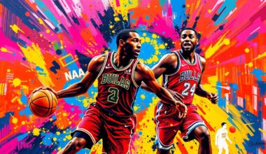 An abstract, expressionist painting featuring vibrant neon brushstrokes and splatters of color that capture the raw energy and dynamic movement of an NBA basketball game, with the figures of two players dissolving into the energetic composition.