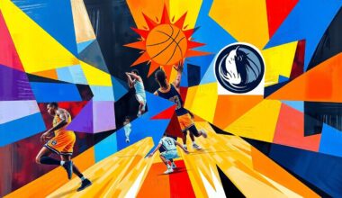 A cubist, geometric painting depicting a basketball game between the Phoenix Suns and Dallas Mavericks, with the players and court fragmented into overlapping planes of bright colors and sharp angles.