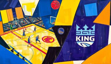 A cubist, geometric painting depicting a basketball game, with players and the court broken down into sharp, overlapping shapes and planes of color, capturing the energy and movement of the sport.