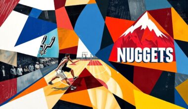 A fragmented, abstract painting depicting a basketball game or match, with sharp, angular shapes and planes in the official team colors of the San Antonio Spurs and Denver Nuggets, conveying the intensity and energy of the competition.