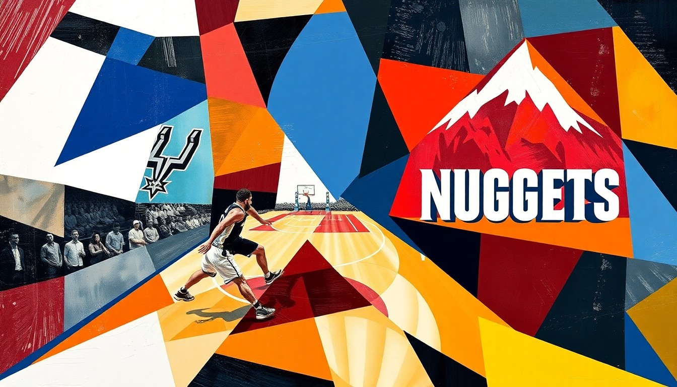 A fragmented, abstract painting depicting a basketball game or match, with sharp, angular shapes and planes in the official team colors of the San Antonio Spurs and Denver Nuggets, conveying the intensity and energy of the competition.