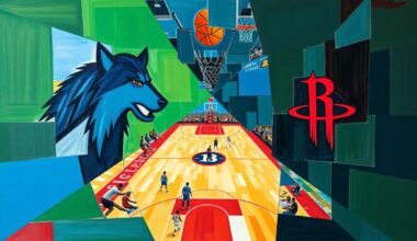 A cubist, geometric painting depicting a basketball game in motion, with overlapping shapes and planes of blue, green, red, and white, capturing the dynamic energy of the Timberwolves-Rockets matchup.