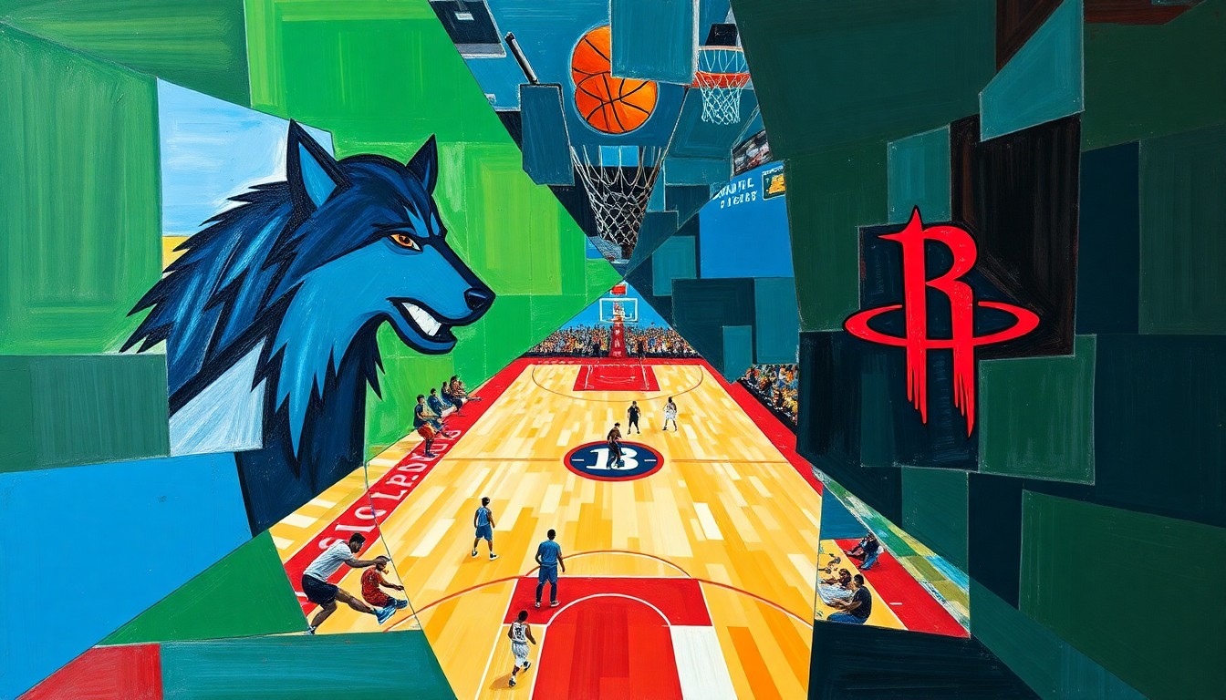 A cubist, geometric painting depicting a basketball game in motion, with overlapping shapes and planes of blue, green, red, and white, capturing the dynamic energy of the Timberwolves-Rockets matchup.