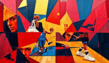 A fragmented, cubist-style painting depicting a basketball game or match, with sharp geometric shapes in deep red, navy blue, and gold overlapping to create a dynamic, deconstructed visual representation of the sport.