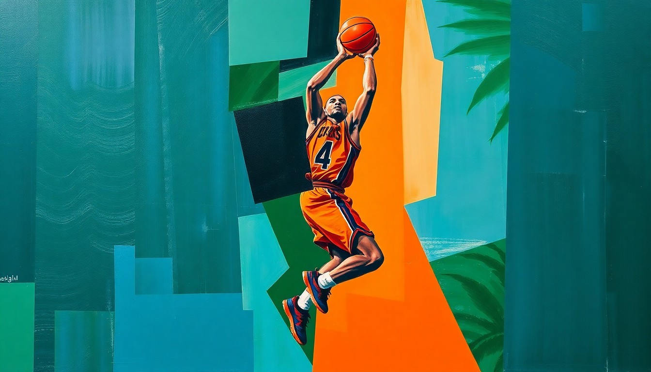 A fractured, multi-perspective painting breaking down a basketball player in mid-jump shot into sharp, overlapping geometric planes in a palette of deep blue, forest green, and burnt orange, conceptually representing the Detroit Pistons