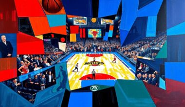 A fractured, multi-perspective painting featuring sharp, overlapping geometric planes in vibrant shades of blue, red, and white, conceptually representing the competitive energy of a basketball game between the Dallas Mavericks and Chicago Bulls.