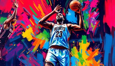 An abstract, expressionist painting in vibrant neon colors depicting the powerful, towering presence of NBA player Victor Wembanyama as he dominates the basketball court with his athleticism and skill.
